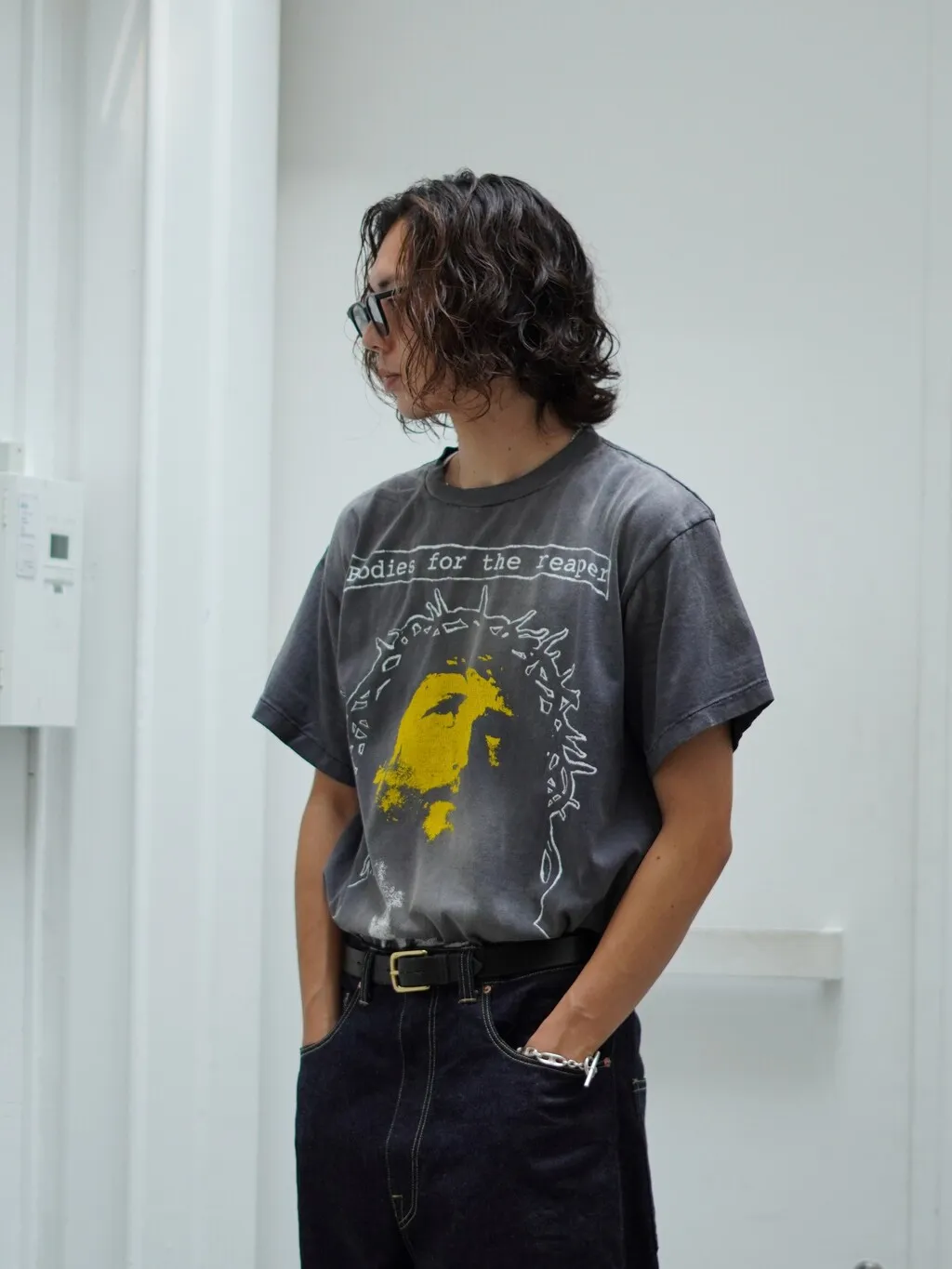 SAINT MICHAEL SS TEE/B FOR REAPER Jesus Hell's Angels Washed and Distressed Short Sleeves Washed Black S-XL Garment Dyed Printed Washed and Distressed